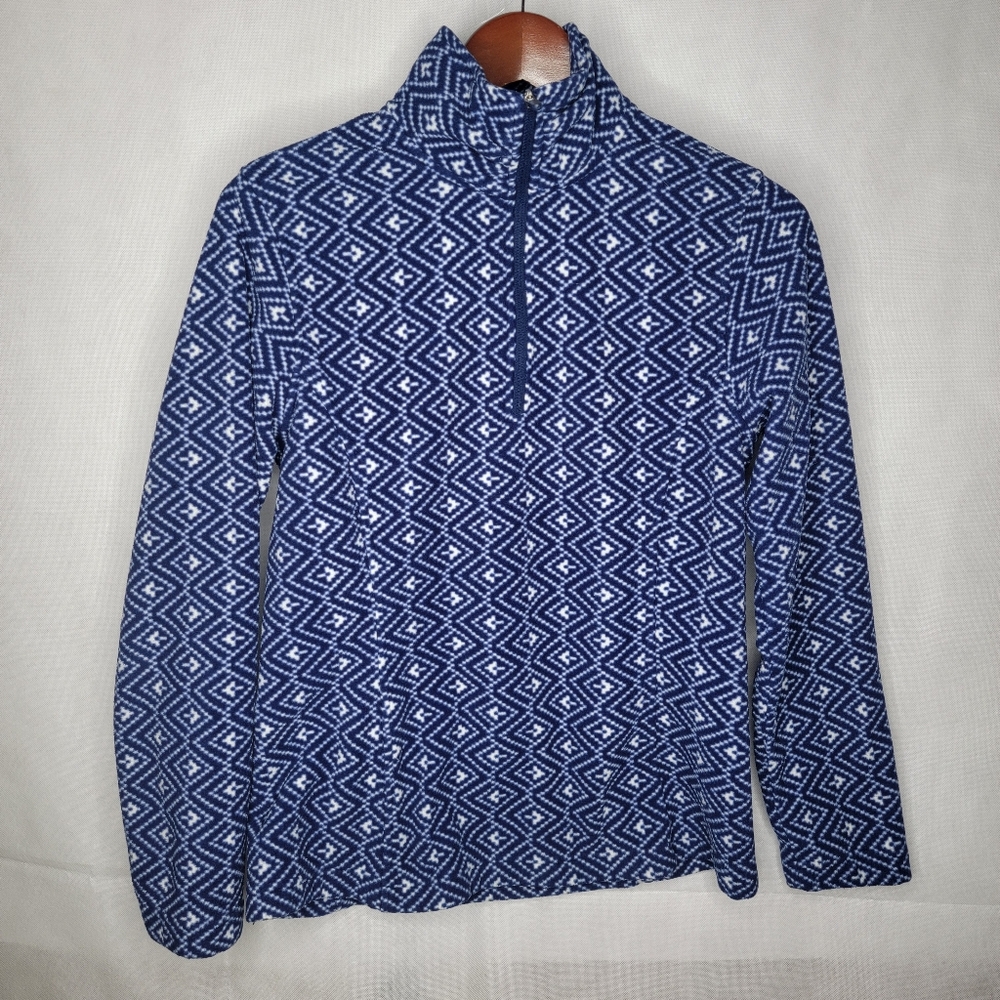 Lands End Fleece Top Blue White Nordic 1/4 Zip Mock Neck Long Sleeve Pullover S